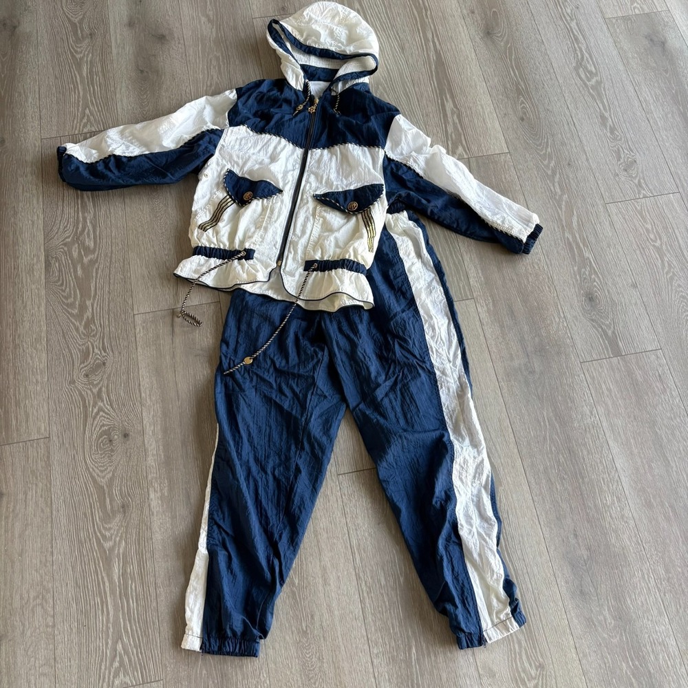 Vintage 80s Active Code Womens White Navy Nautical Windbreaker Track Suit Size M